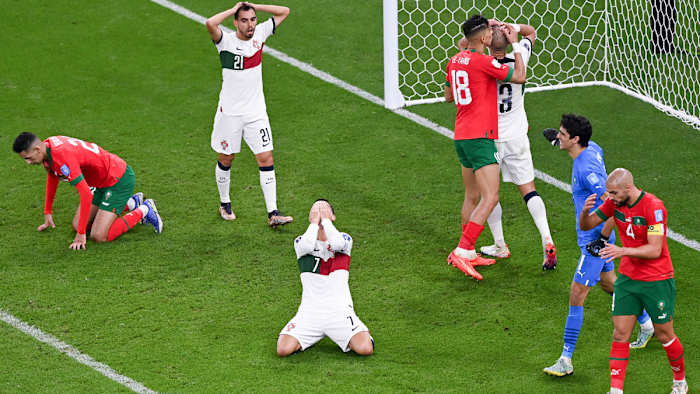 Cristiano Ronaldo reacts to a missed Portugal chance vs. Morocco